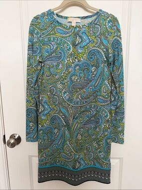 Michael Kors Teal and Green Paisley Long-Sleeve Shift Dress